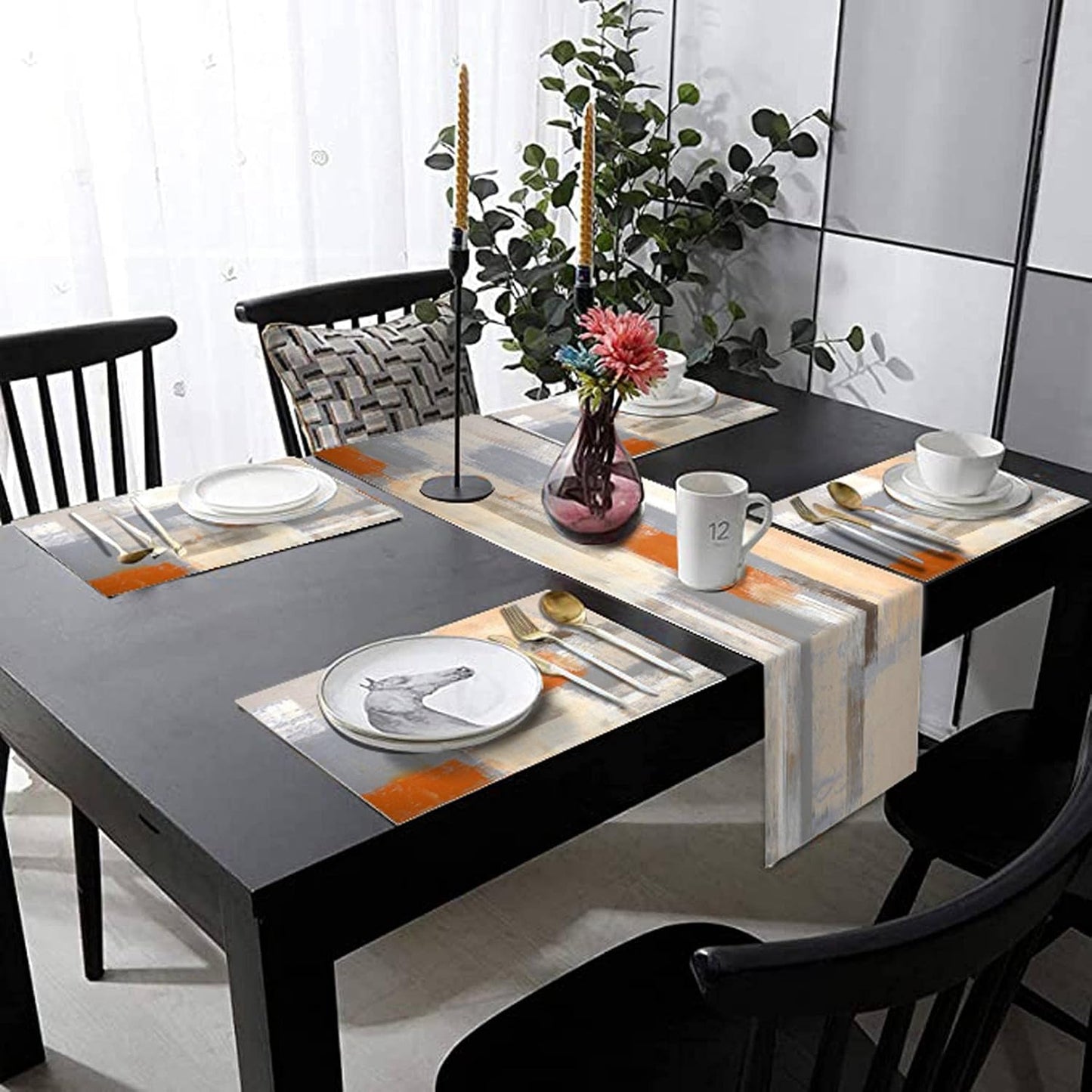 Orange and Brown Abstract Modern Table Runner with Place Mats Set of 7 Retro Graffiti Art Painting Linen Dining Mat