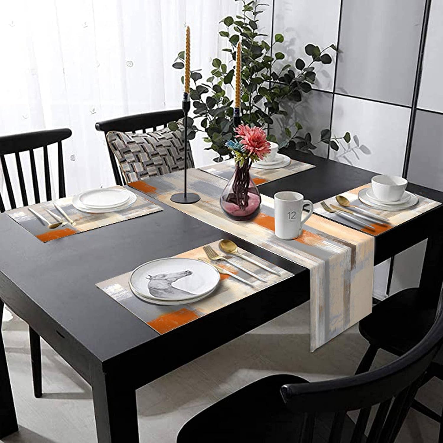 Orange and Brown Abstract Modern Table Runner with Place Mats Set of 7 Retro Graffiti Art Painting Linen Dining Mat