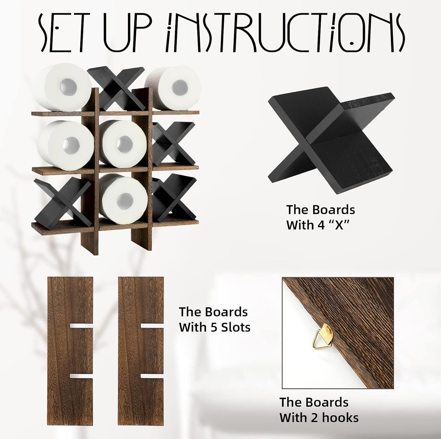 Weysat Tic Tac Toe Toilet Paper Holder,Brown, Black | Farmhouse Bathroom Decor, Freestanding or Wall Mount Storage for