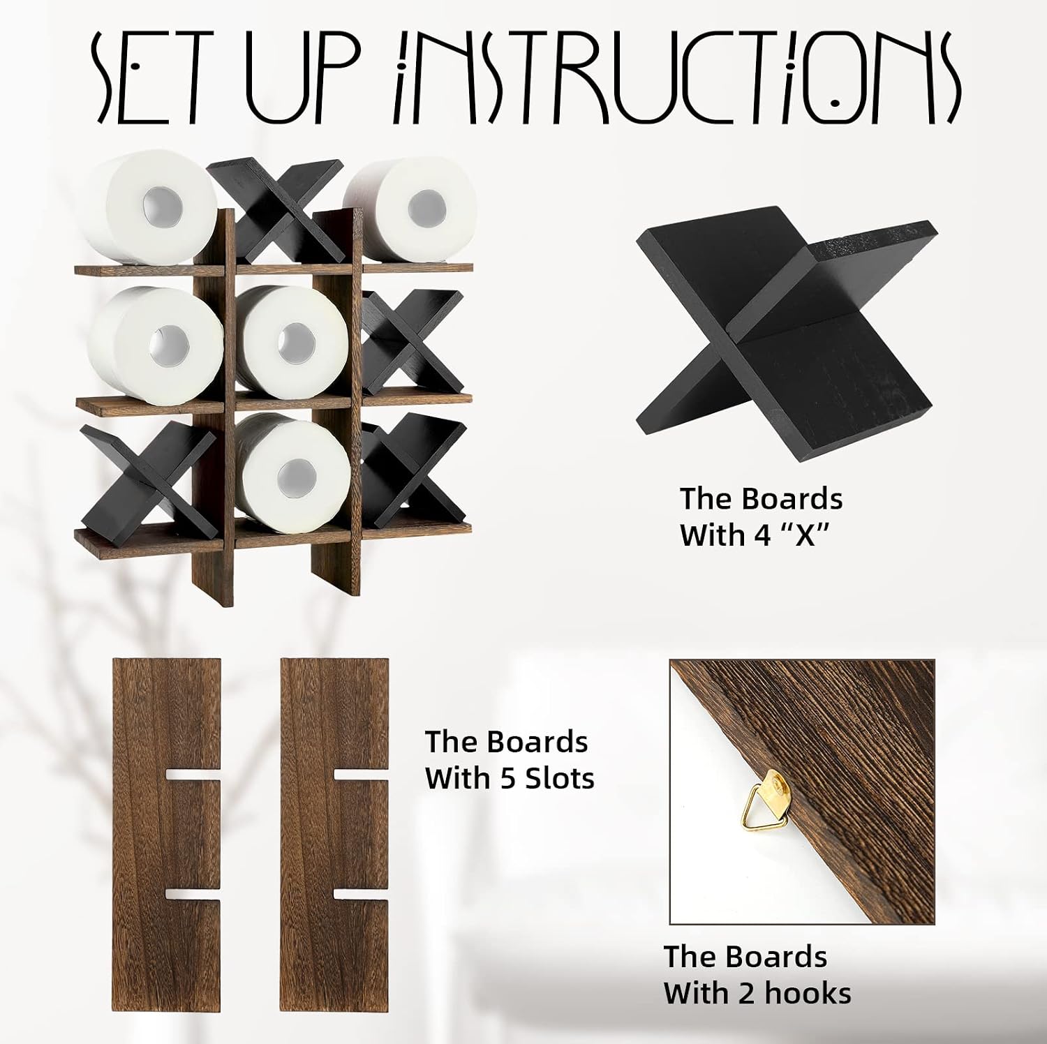 Weysat Tic Tac Toe Toilet Paper Holder,Brown, Black | Farmhouse Bathroom Decor, Freestanding or Wall Mount Storage for