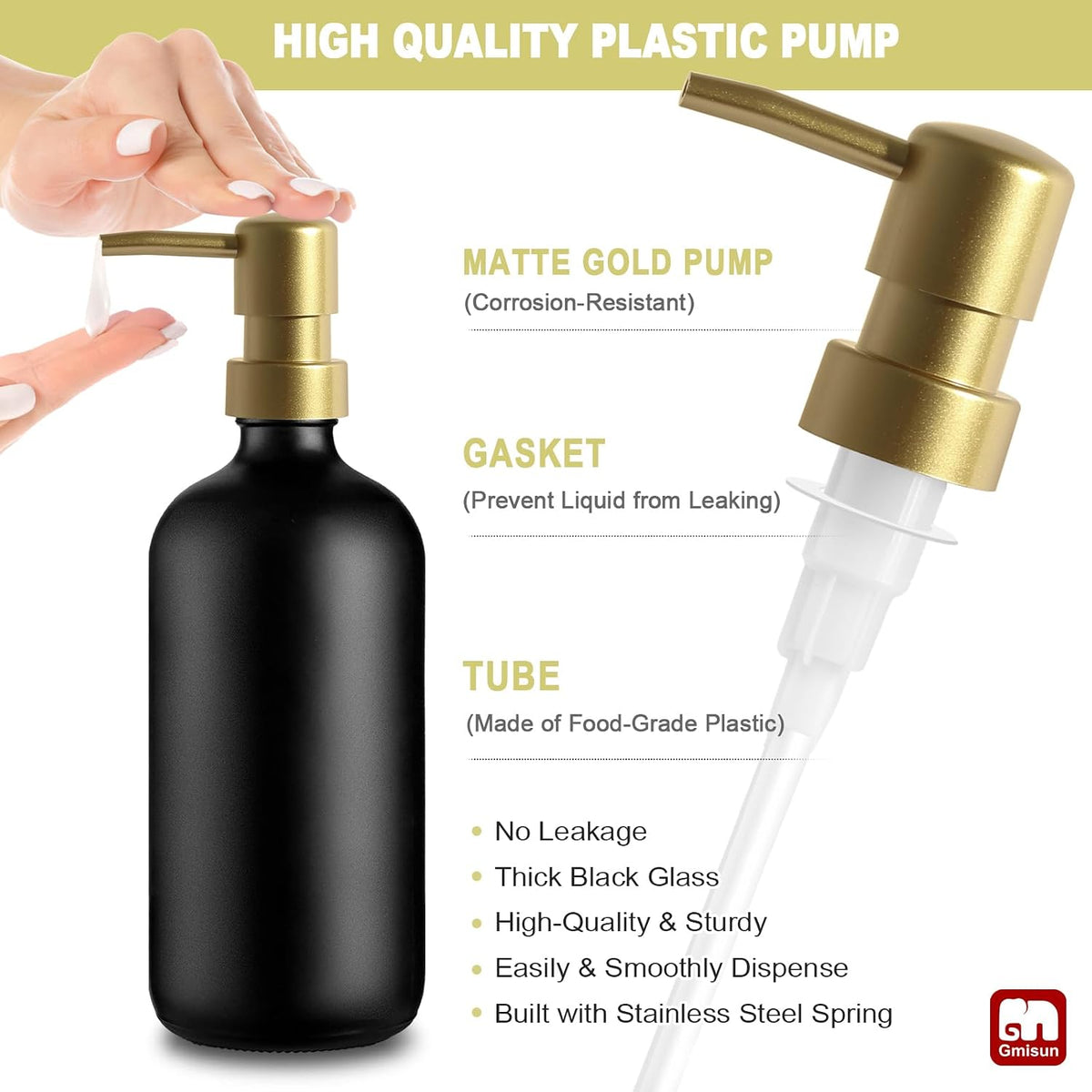 GMISUN Dish Soap Dispenser for Kitchen, 17 fl oz Dish Soap Dispensers with Ceramic Tray & Bamboo Brush & Gold Pump