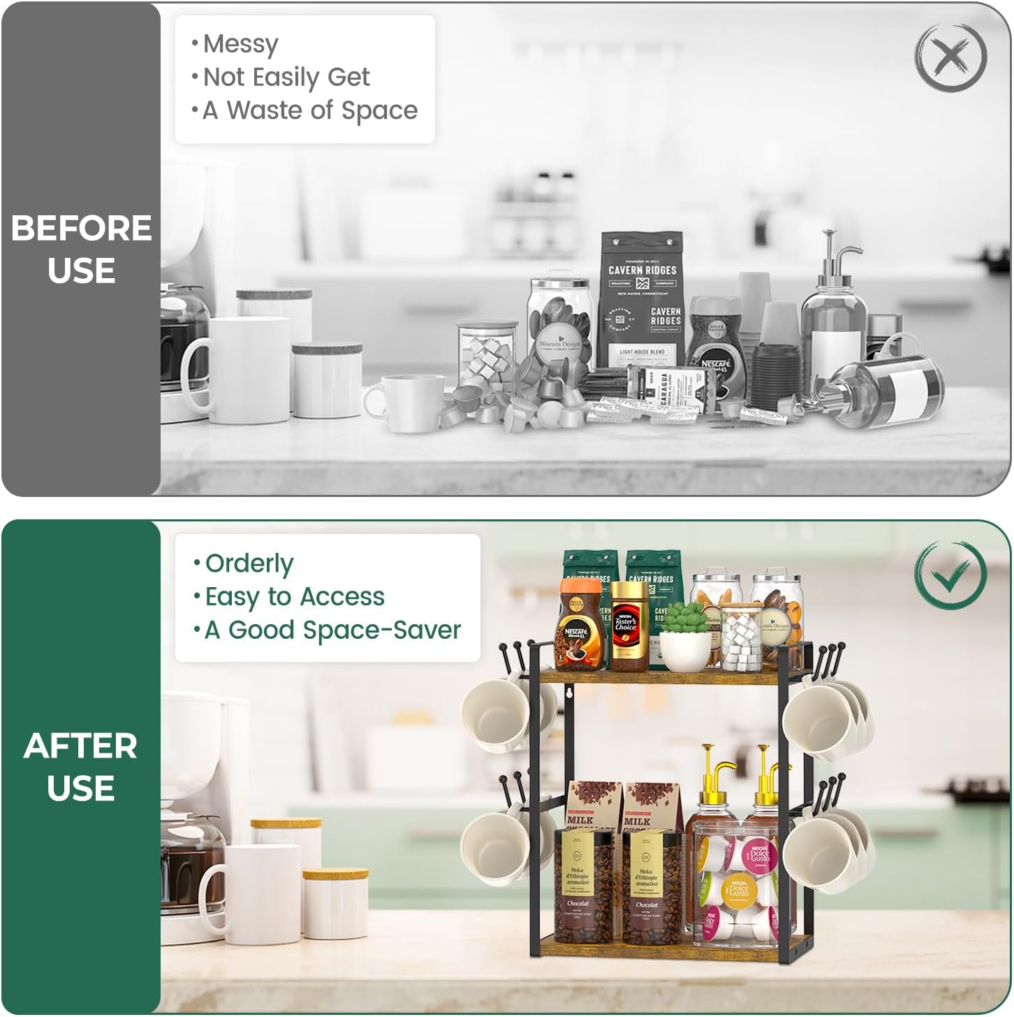EsLuker.ly Coffee Station Bar Organizer Mug Holder Stand Countertop | 2 Tier Mug Cup Tree Rack for Kitchen Office