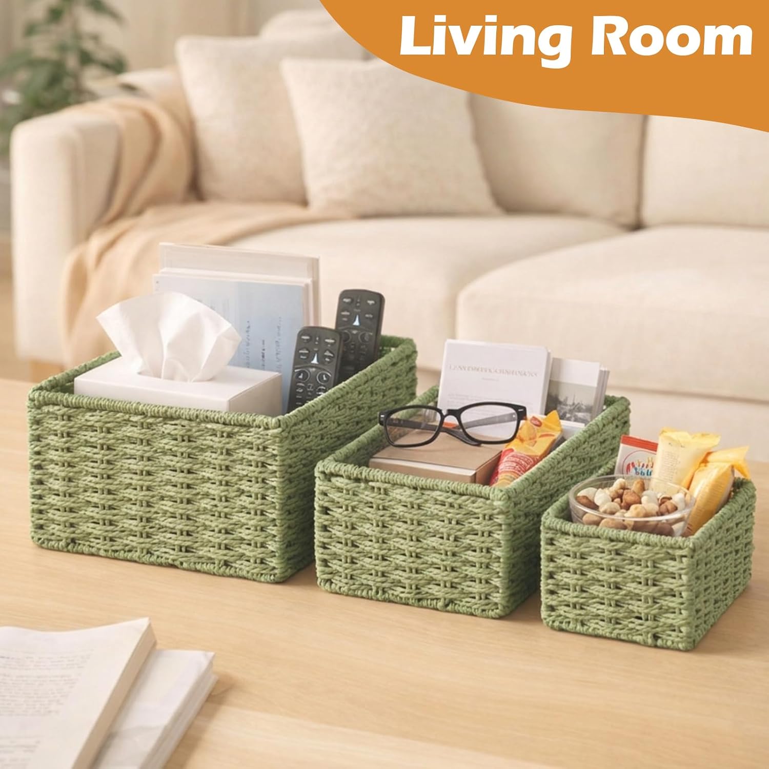 Woven Storage Baskets for Organizing / Sage Green / Set of 3