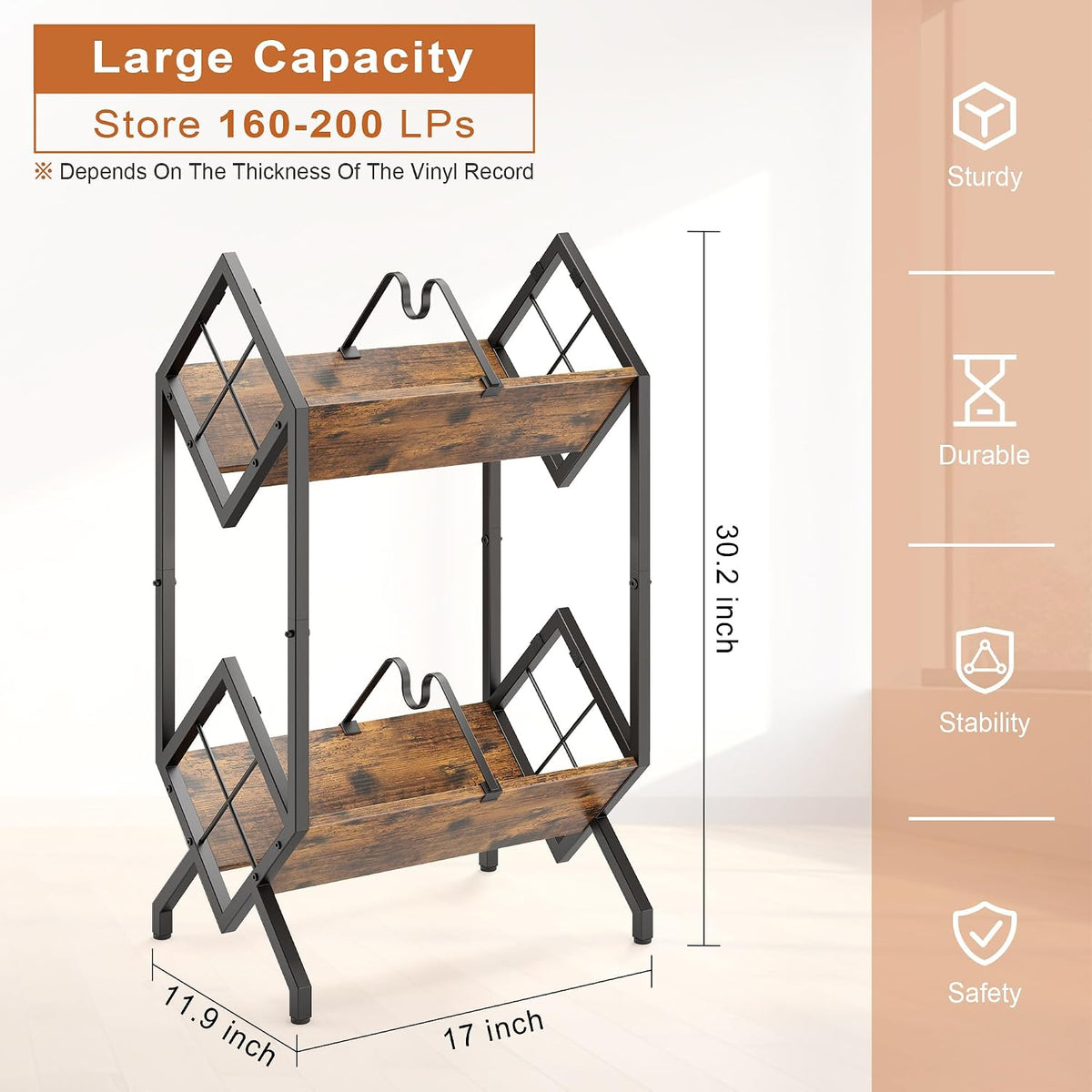 RUILALIFE 2-Tier-Vinyl-Record-Storage-Holder With Dividers, Metal Album storage for vinyl records display Shelf