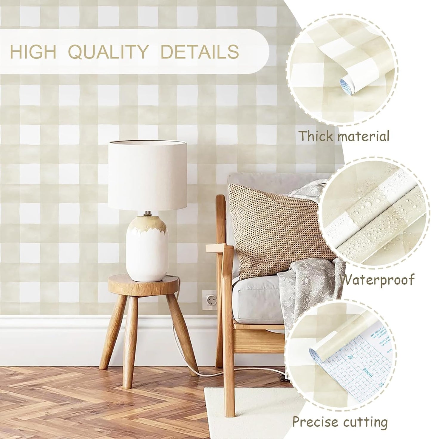 Peel and Stick Wallpaper Boho Modern Wall Paper Checkered Peel / 17.3 x 196.8 / Beige and White