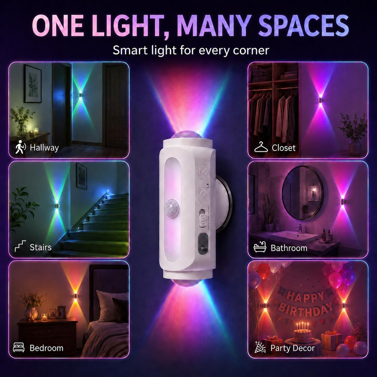 Motion Sensor Wall Light, Rechargeable Peel and Stick on Sconce Set of 2 | Wireless No Drill RGB Wall Lamps, Magnetic