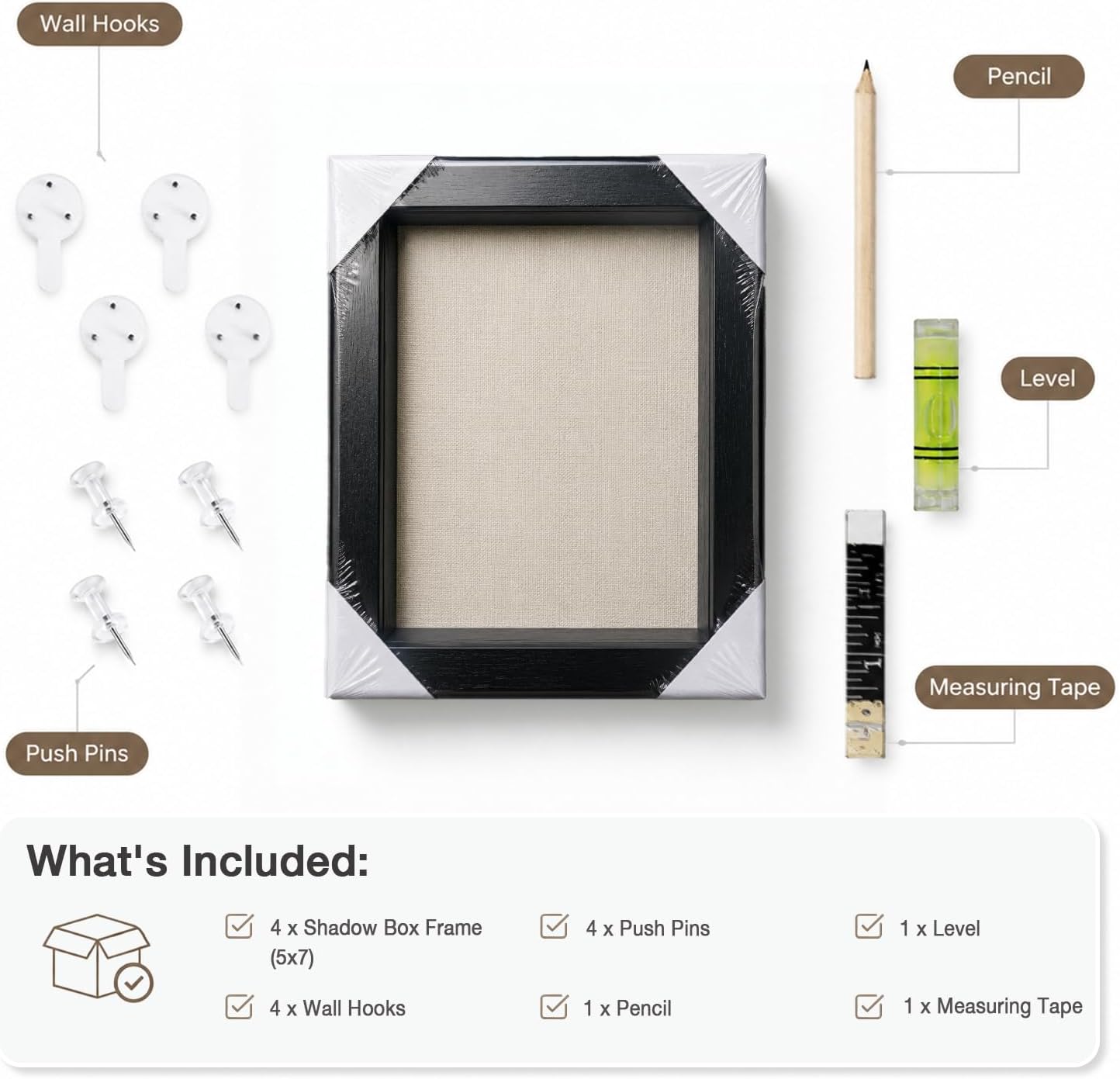 5x7 Shadow Box Picture Frame, 4-Pack Linen Back, Keepsake, Black | Wooden Display Cases, 2 Ways to Display, Crystal