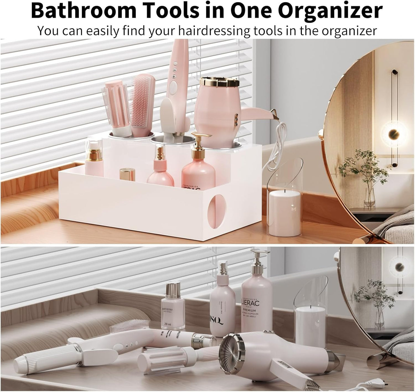 NIUBEE Acrylic Hair Tool Organizer,Hair Dryer Holder Countertop with 3 Cups | White, Hot Tools Organizer, Hair Blow