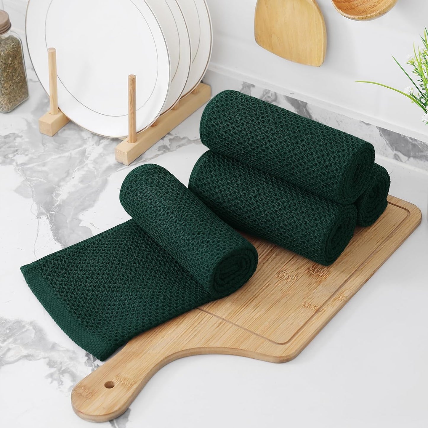 Kitinjoy Cotton Waffle 8-Pack Kitchen Towels, 13" x 28", Blackish Green | Super Soft, Ultra-Absorbent, Fast Drying