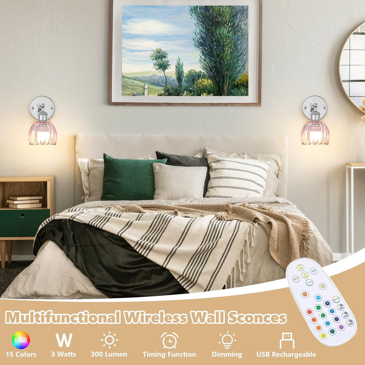 Vintage Battery Operated Wall Sconce, Pink Tulip Glass Lampshade Wireless Rechargeable Battery Powered LED Wall Light