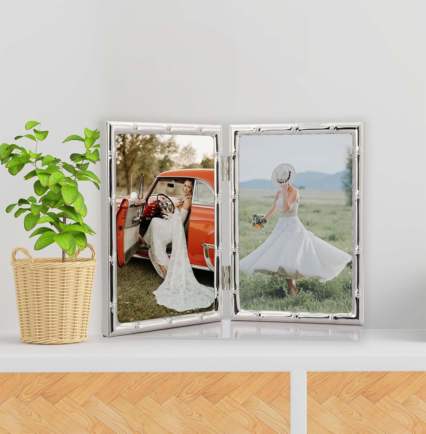 YiPinYin Silver 5x7'' Bamboo Detail Double Metal Picture Frame,Elegant Elegant Narrow Profile Silver Plated Photo