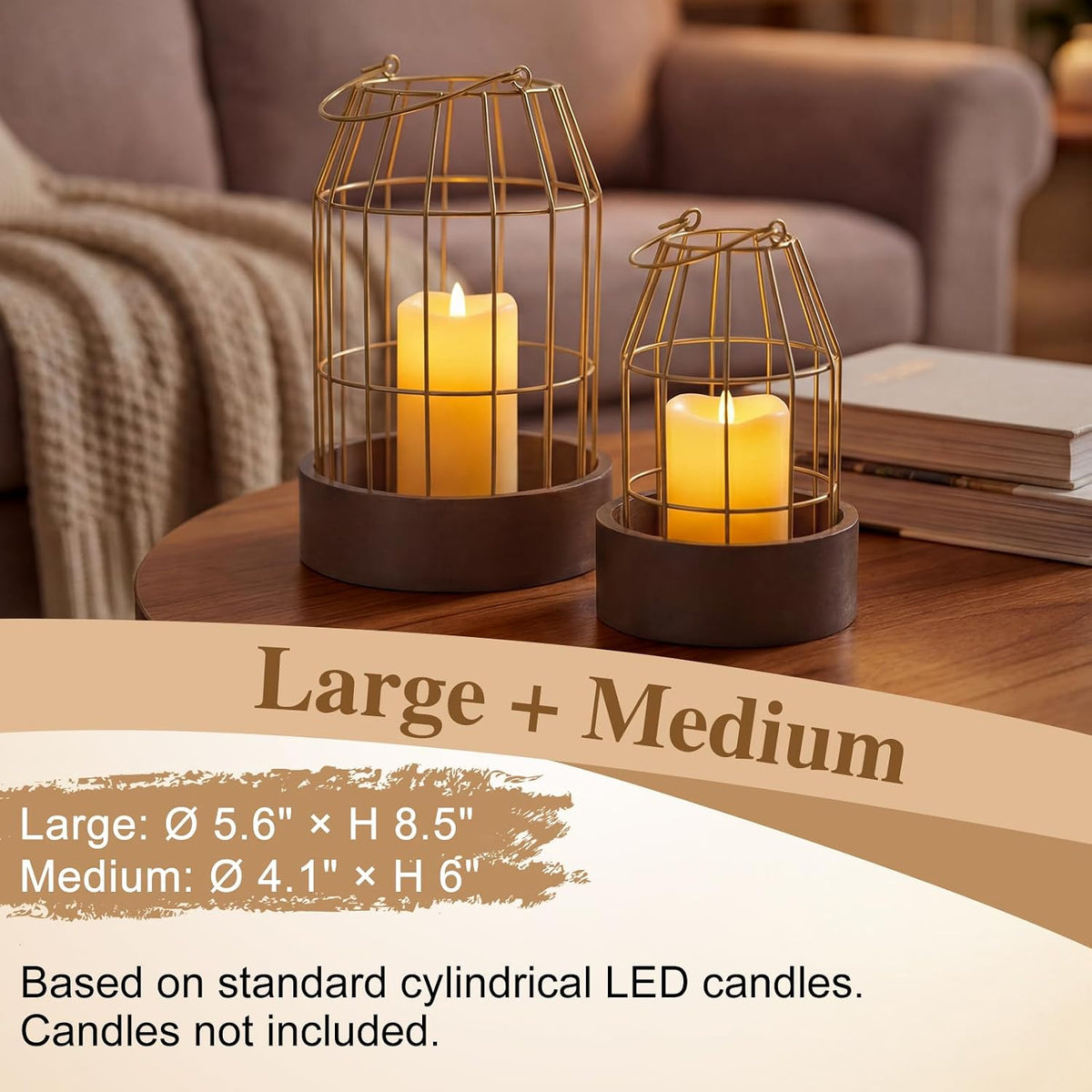 Modern Rustic Farmhouse Candle Lantern Set of 5, Large, Gold, Burlywood | Decorative Lanterns Centerpieces with Tray