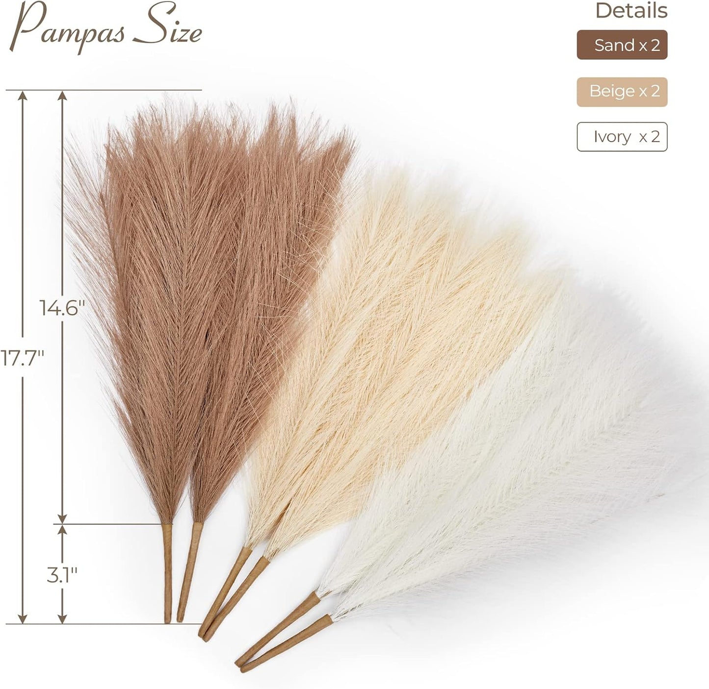 Artificial Pampas Grass Decor Boho Decor / Ivory & Beige & Sand / 17 Inch / 17.7 Inch / Set of 6