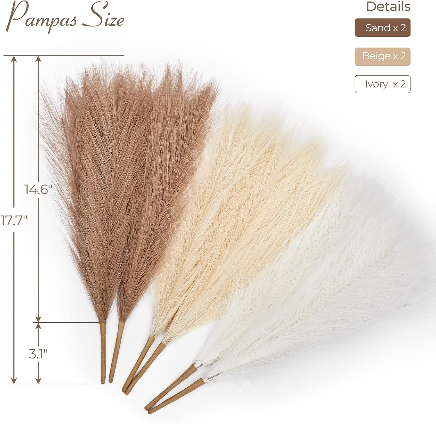 Artificial Pampas Grass Decor Boho Decor / Ivory & Beige & Sand / 17 Inch / 17.7 Inch / Set of 6