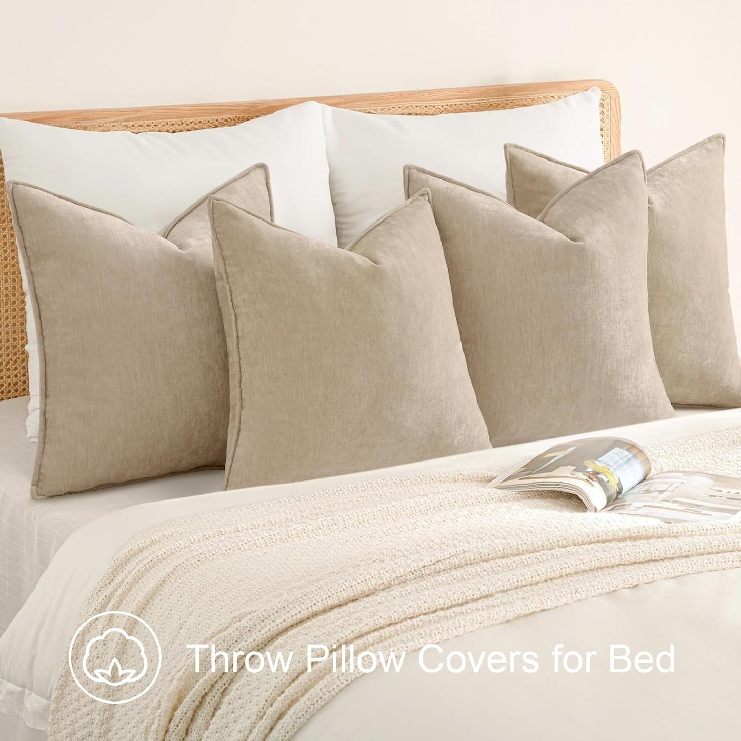 Decorative Soft Neutral Chenille Pillow Covers / Natural Beige / 18 x 18 / Set of 4