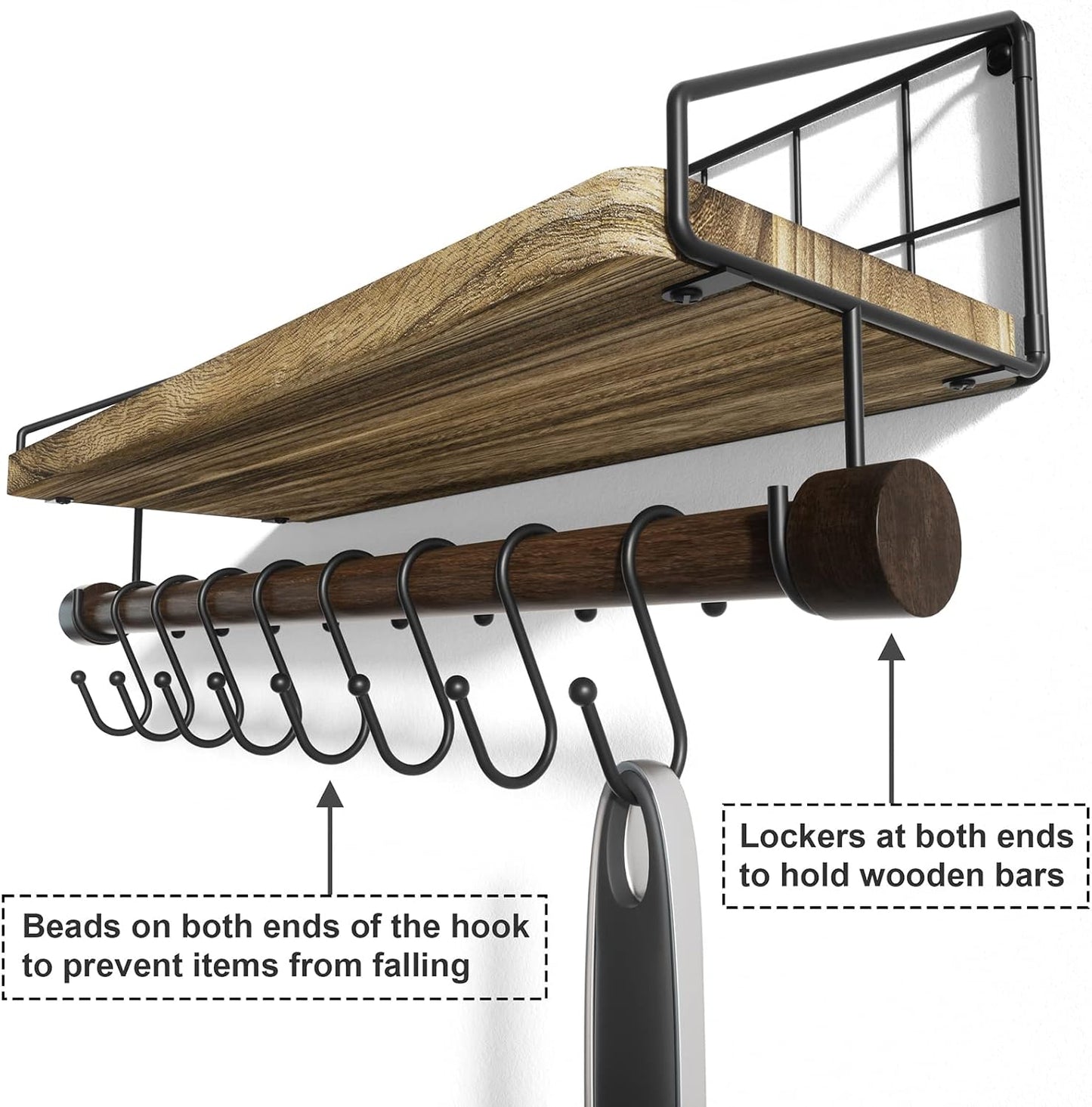 Alsonerbay Floating Shelf for Wall with Wooden Towel Bar, Carbonized Black | 8 removable hooks, rustic finish