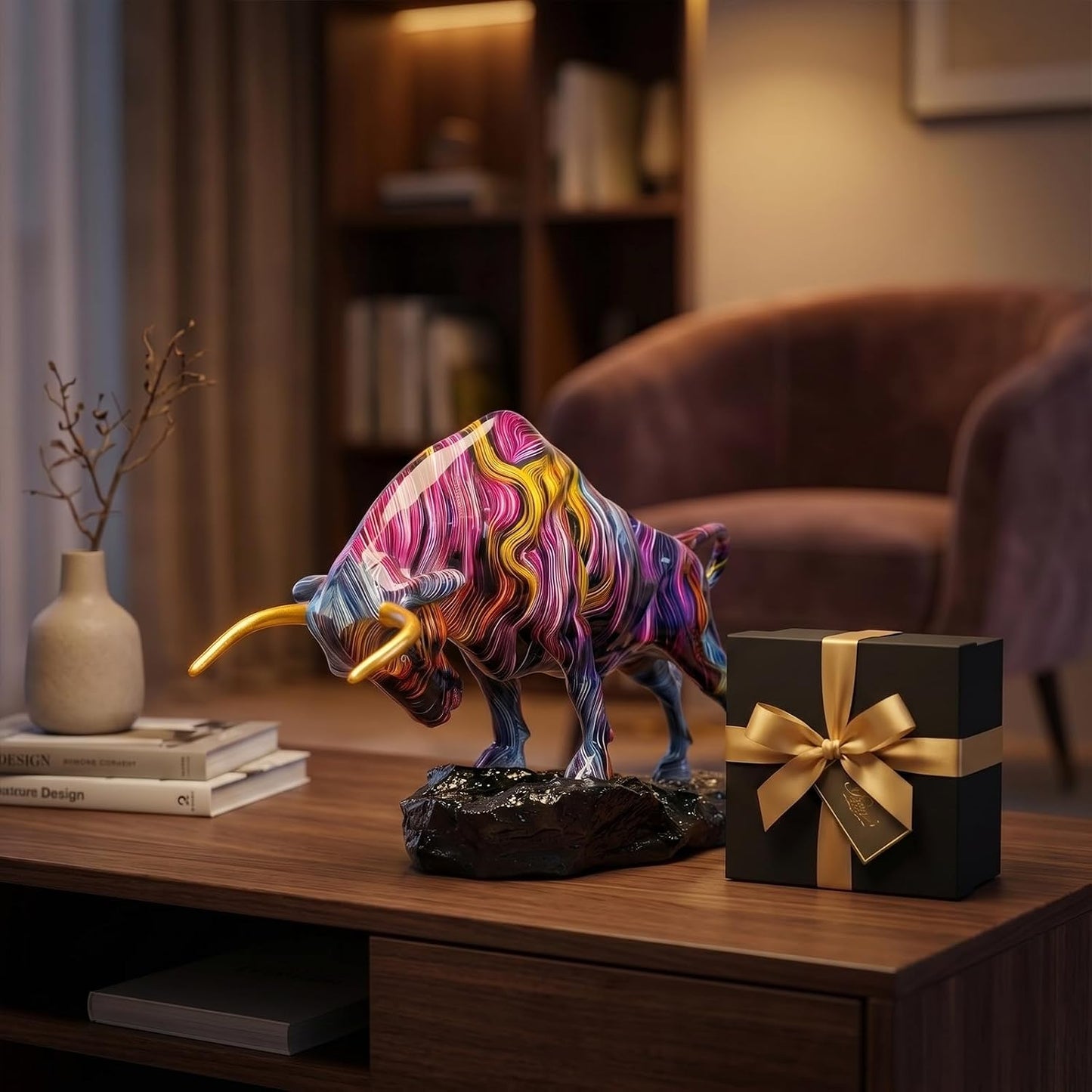 Abstract Fluid Art Bull Statue / Line