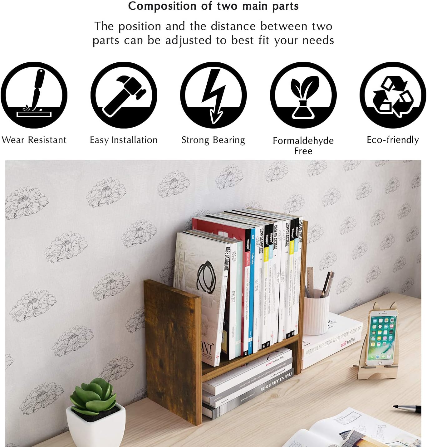 Jerry & Maggie Desktop Organizer Office Storage Rack Adjustable Wood Display Shelf Free Style Double H
