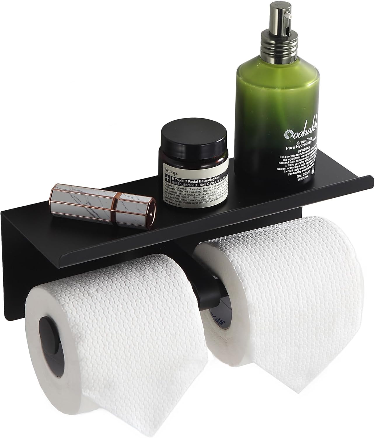 Black Toilet Paper Roll Holder with Shelf Wall Mounted for Bathroom (Black, Double Head)