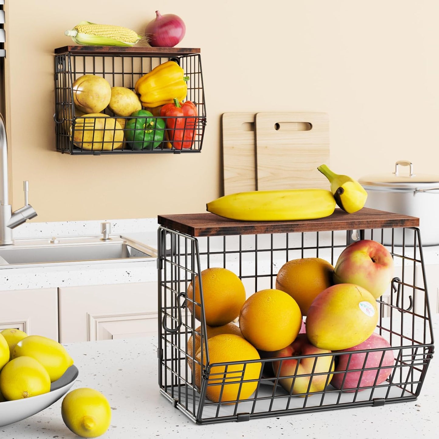 Stackable Wall Basket Fruit Basket / Brown / Large X2 / Set of 2
