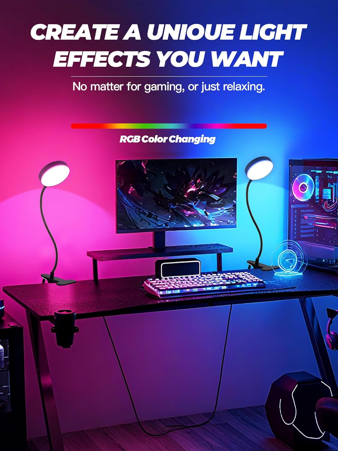 Clip on Light,10 RGB Colors+10 Brightness Small Desk Lamp with Clamp Light | 500 lm Bright 72 LED Desk Light, USB