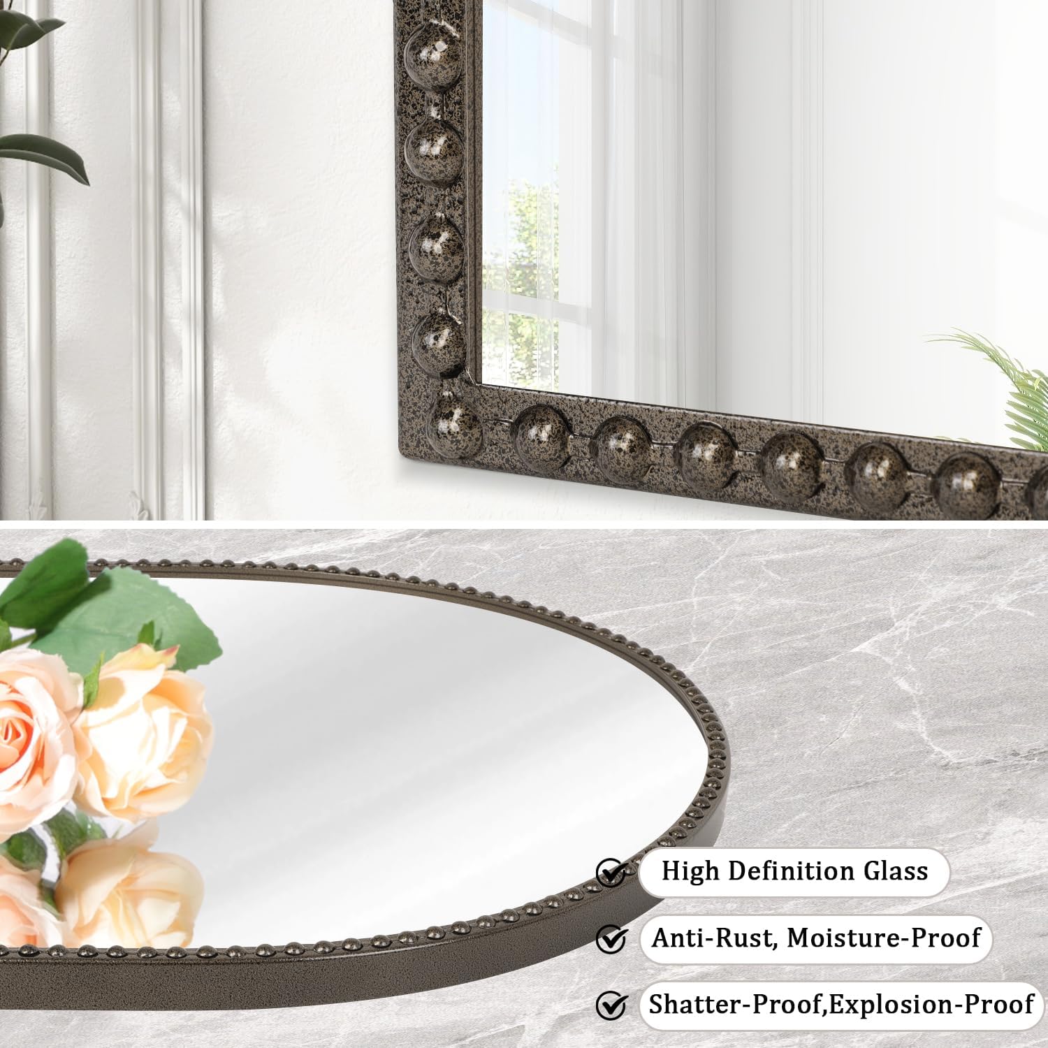 Metal Beaded Frame Decor Mirror for Vanity Accent / 30"L x 20"W / Brass / 30 x 20