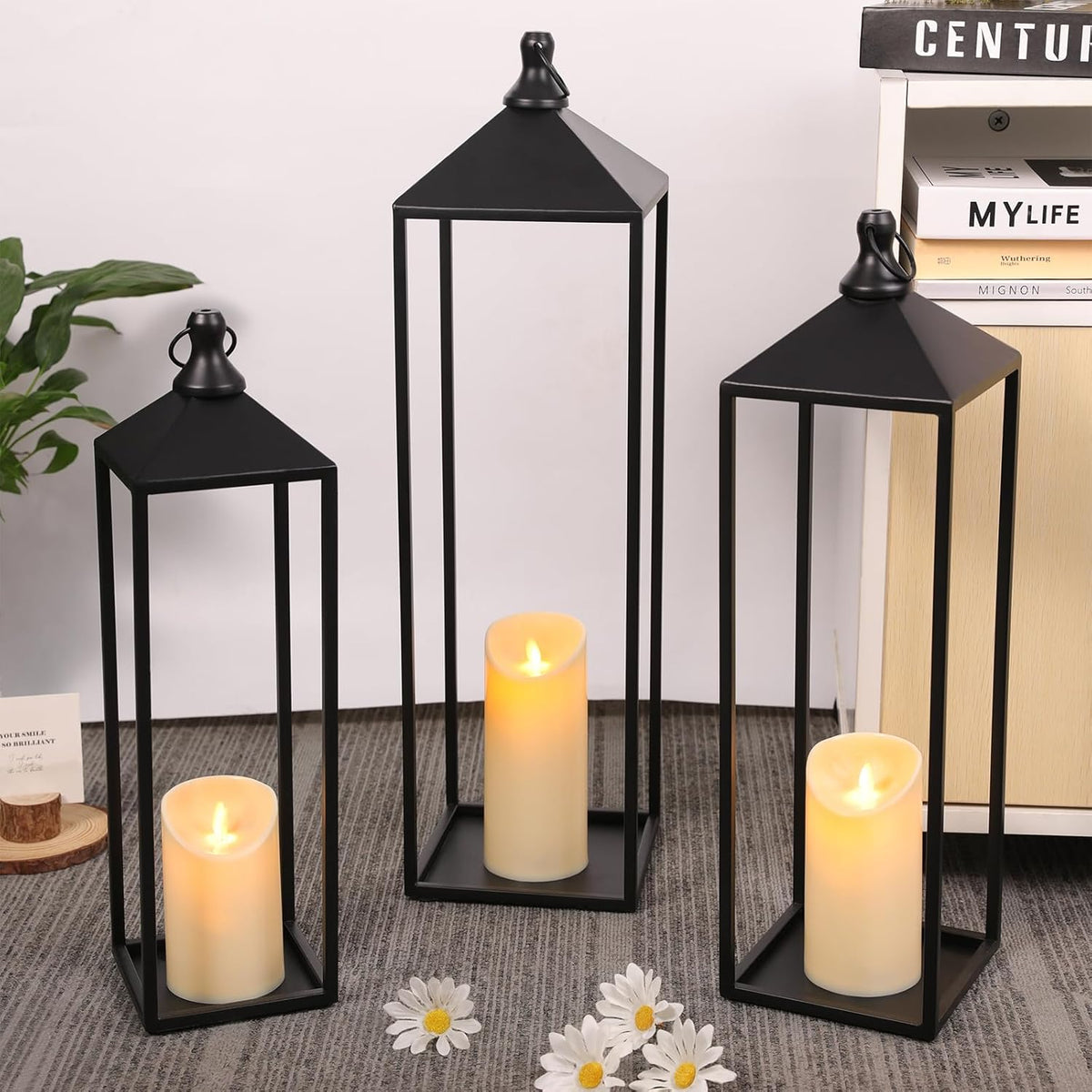 22'' 19'' 17'' Lanterns Decorative Outdoor Indoor, Set of 3 Floor Lanterns | Outdoor Lanterns with Candles, Glass-free