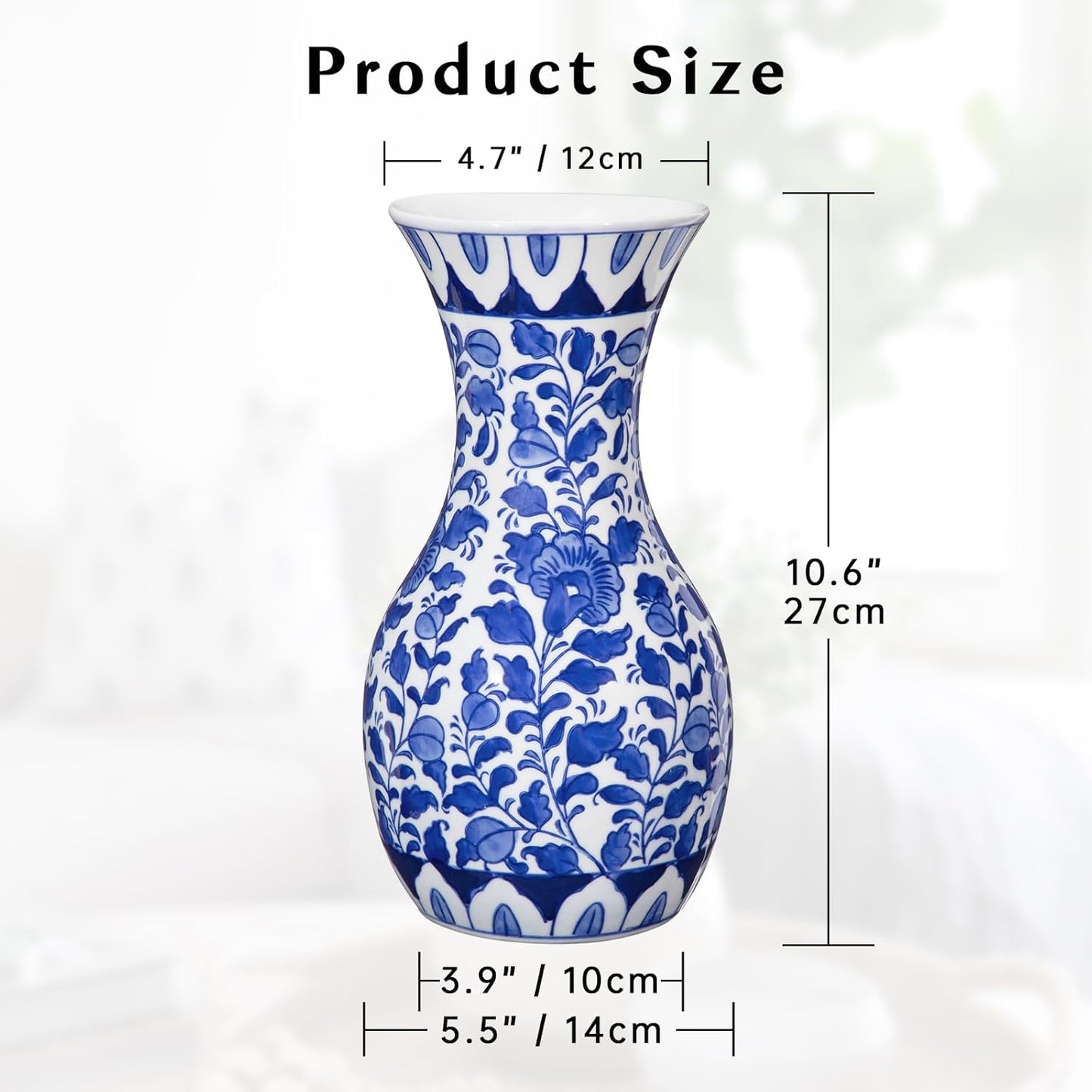 Tall Ceramic Vase in Wide Mouth Floral Pattern / # Small Floral Texture / Blue / 11 Inch