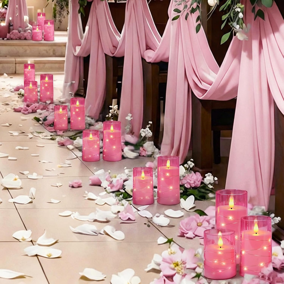 Homemory Flickering Flameless Candles, Pink LED Pillar Candles with Remote | Acrylic Battery Operated Timer Candles