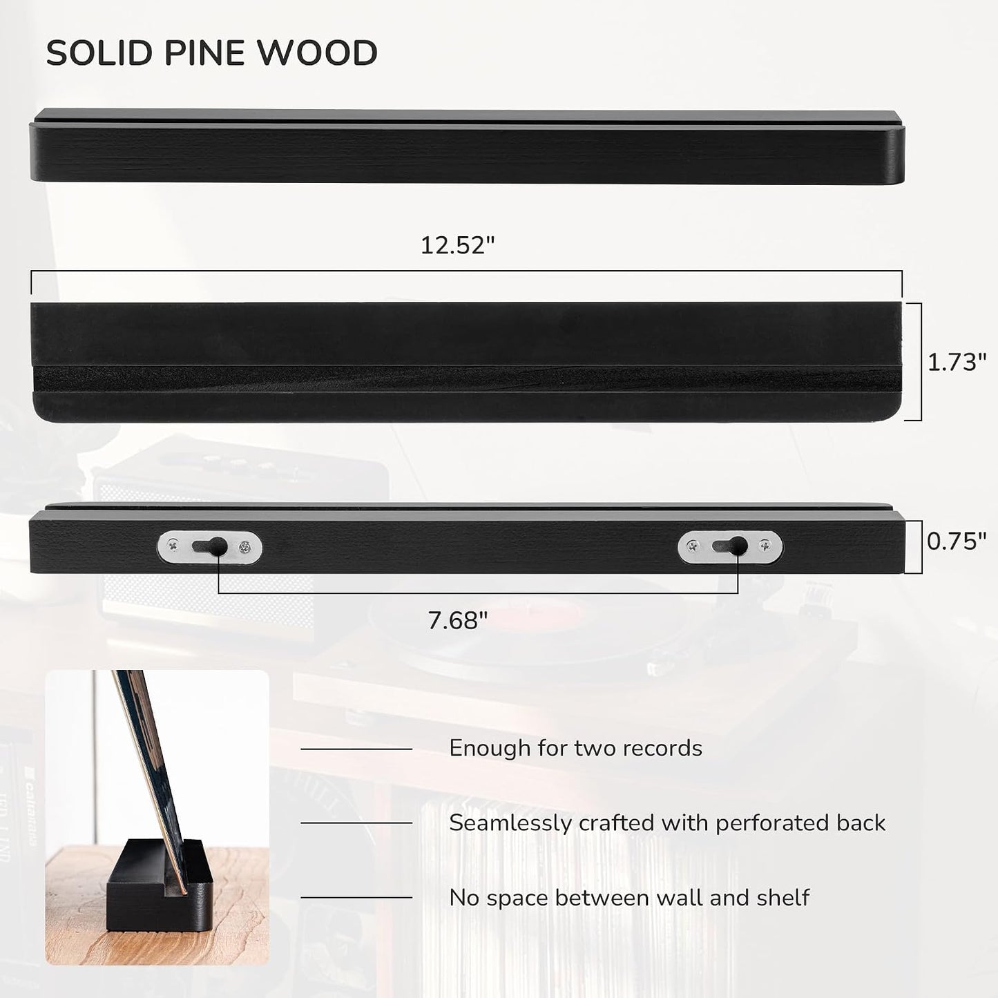 Wood Vinyl Record Shelf Wall Mount, Floating Shelves for LPs, CD, Album Holder Wall Display, Elegant Wooden Ledge for