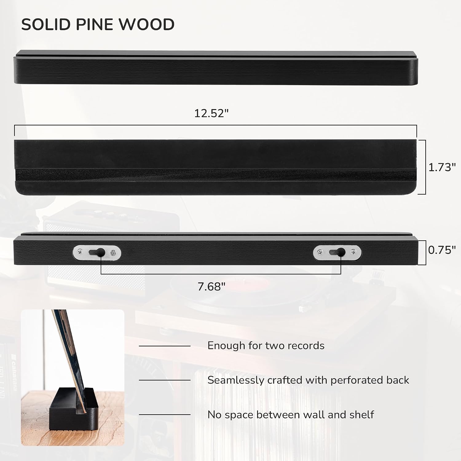 Wood Vinyl Record Shelf Wall Mount, Floating Shelves for LPs, CD, Album Holder Wall Display, Elegant Wooden Ledge for