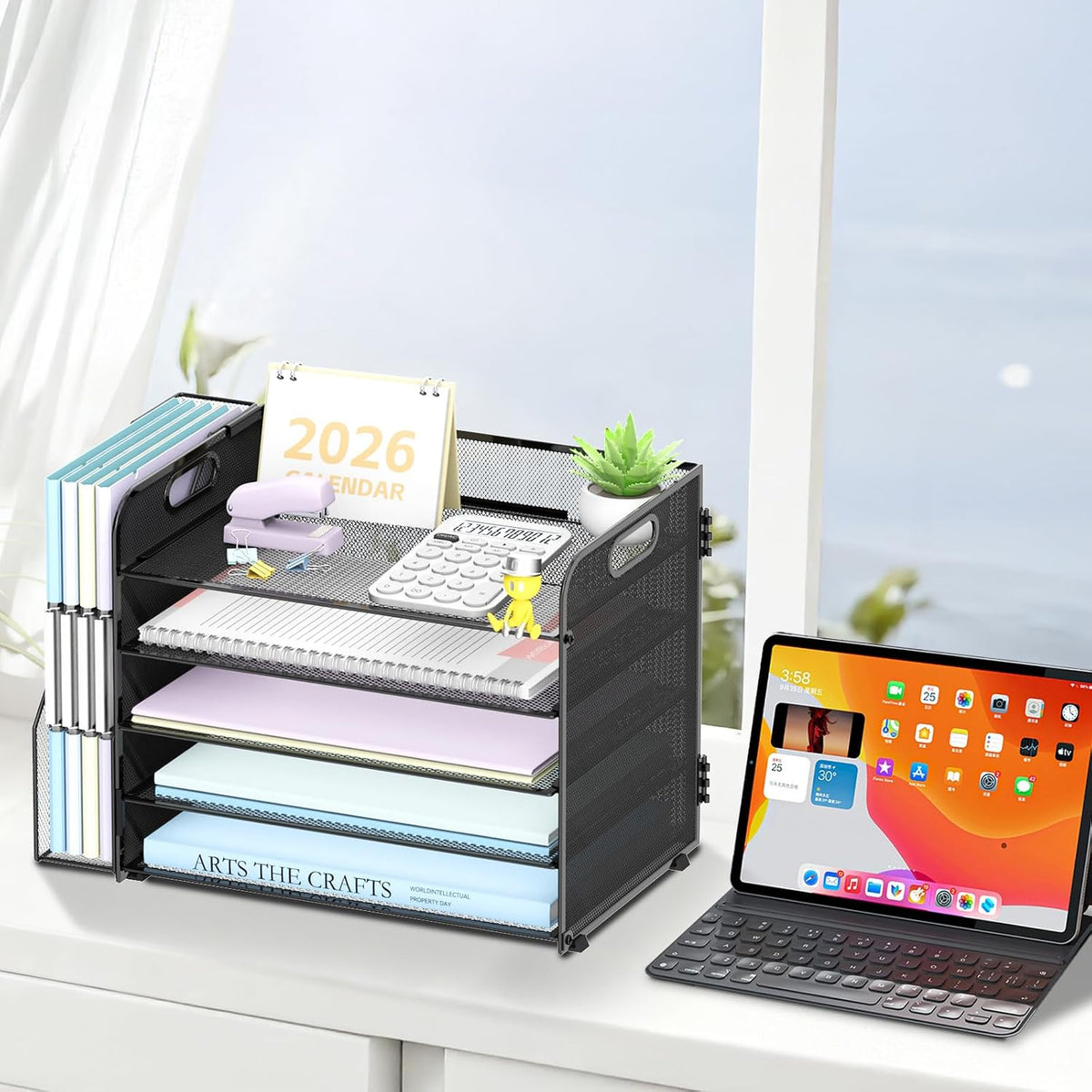 5-Tier Desk Organizer with File Holder, Paper Organizer for Desk, Black | 5 Letter Trays and Vertical File Holder with