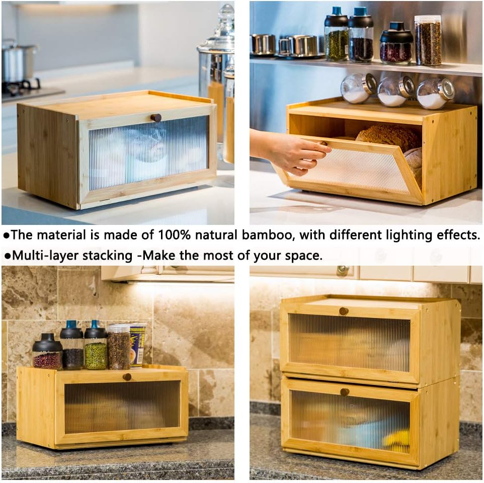 ETMI Bamboo Bread Box for Kitchen Counter-Large Capacity Bread Storage Container Farmhouse Bread Box with Window Bread