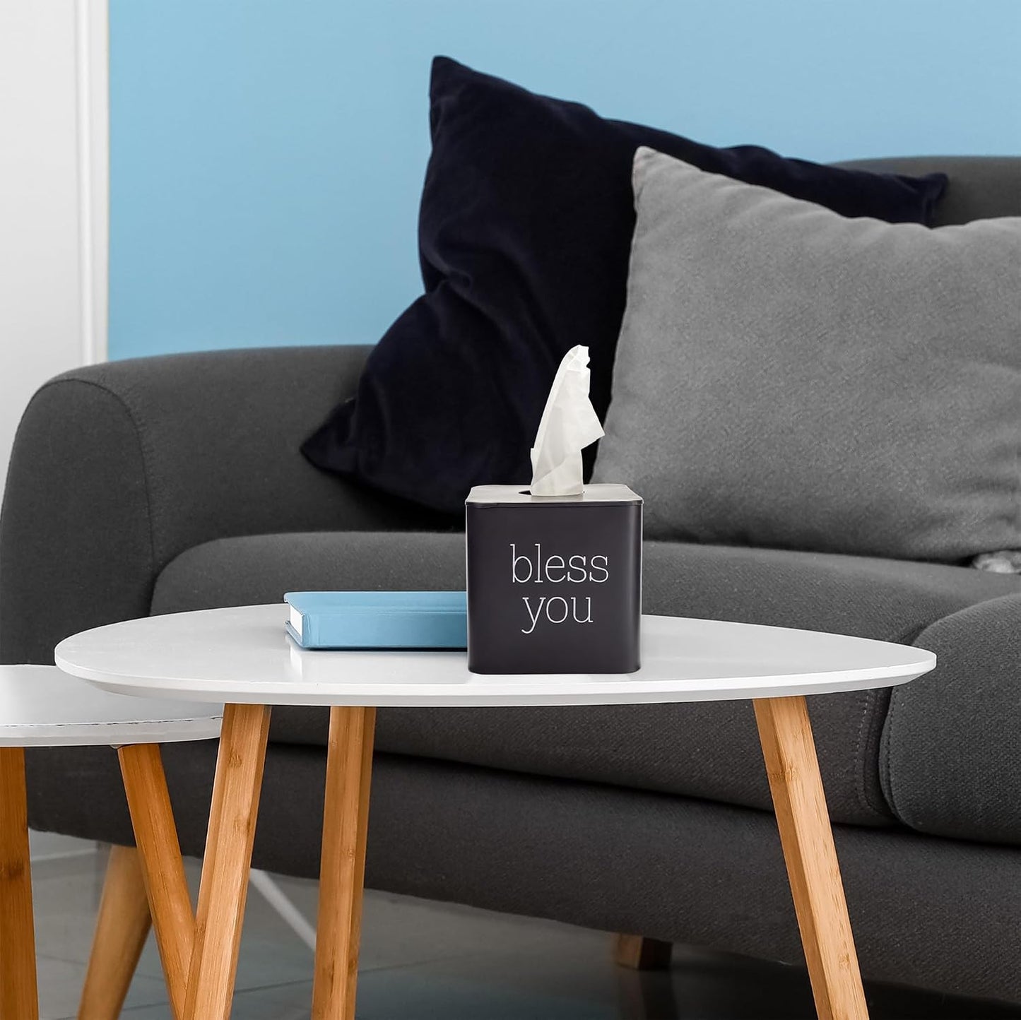 Modern Farmhouse Enamelware Tissue Holder / Black with "bless You