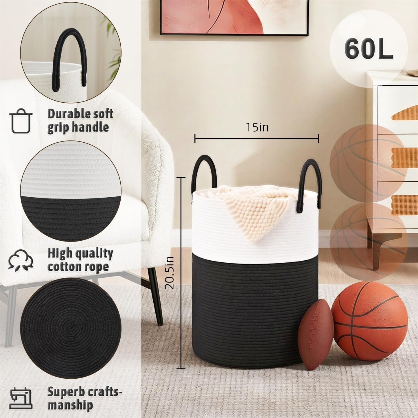 Laundry Basket / Woven Cotton Rope Laundry Hamper / Black / 60L