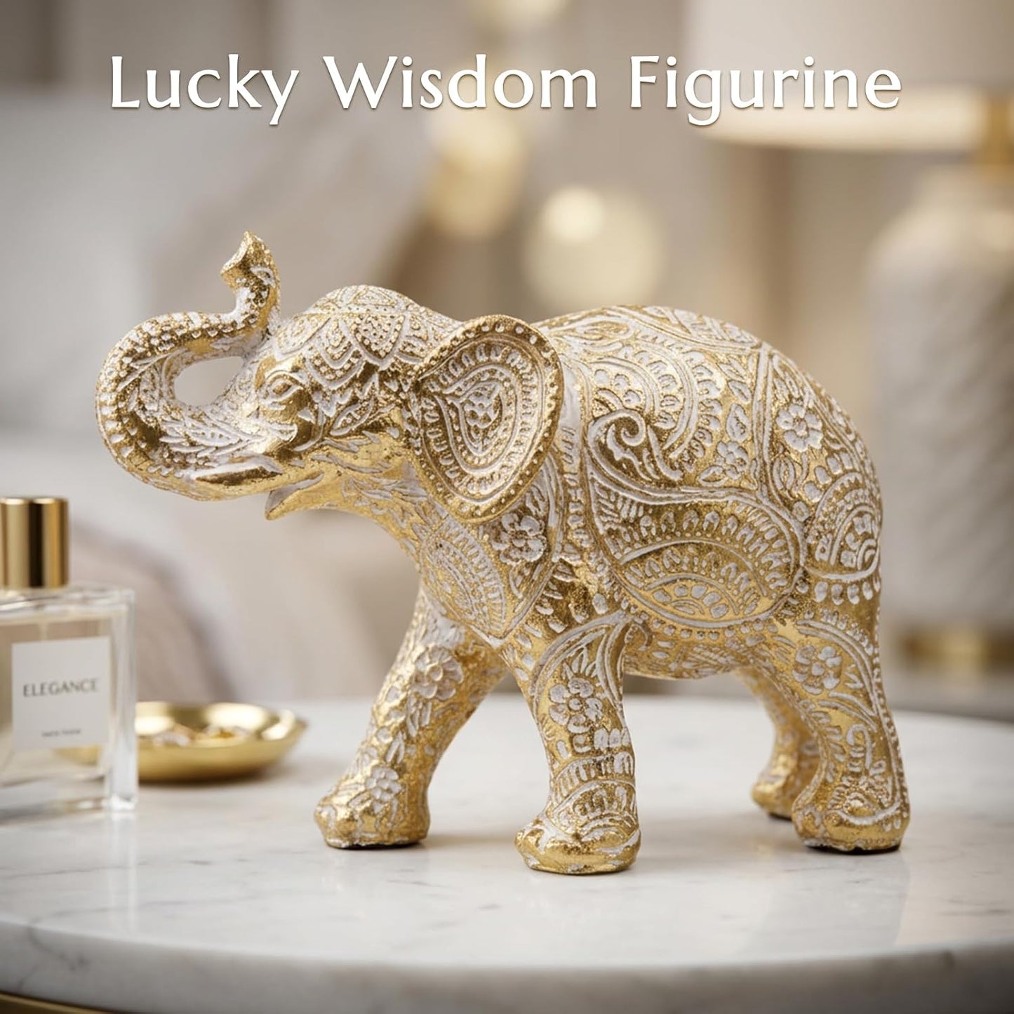 Elephant Statue Boho Home Decor Paisley Filigree Accent / Filigree Gold