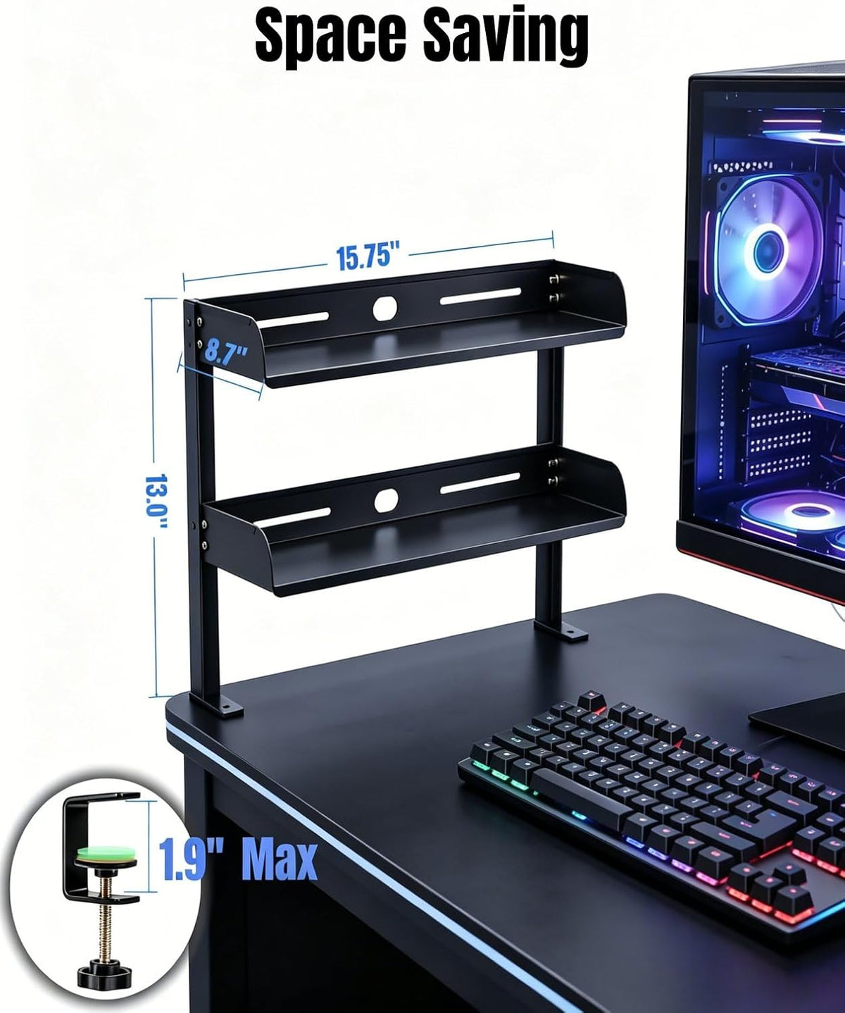 Yuxh Desk Clamp Shelf 16 Inch, Black | Space-saving, clip on or under shelf for panel tabletop, office, easy drill-free