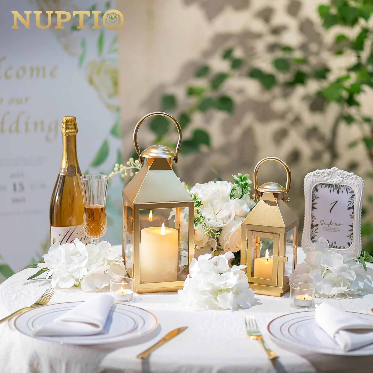 NUPTIO Gold Lanterns Decorative for Wedding, 11.2 Inch Lantern Decor | Tall Metal Candle Lantern with Glass for Outdoor