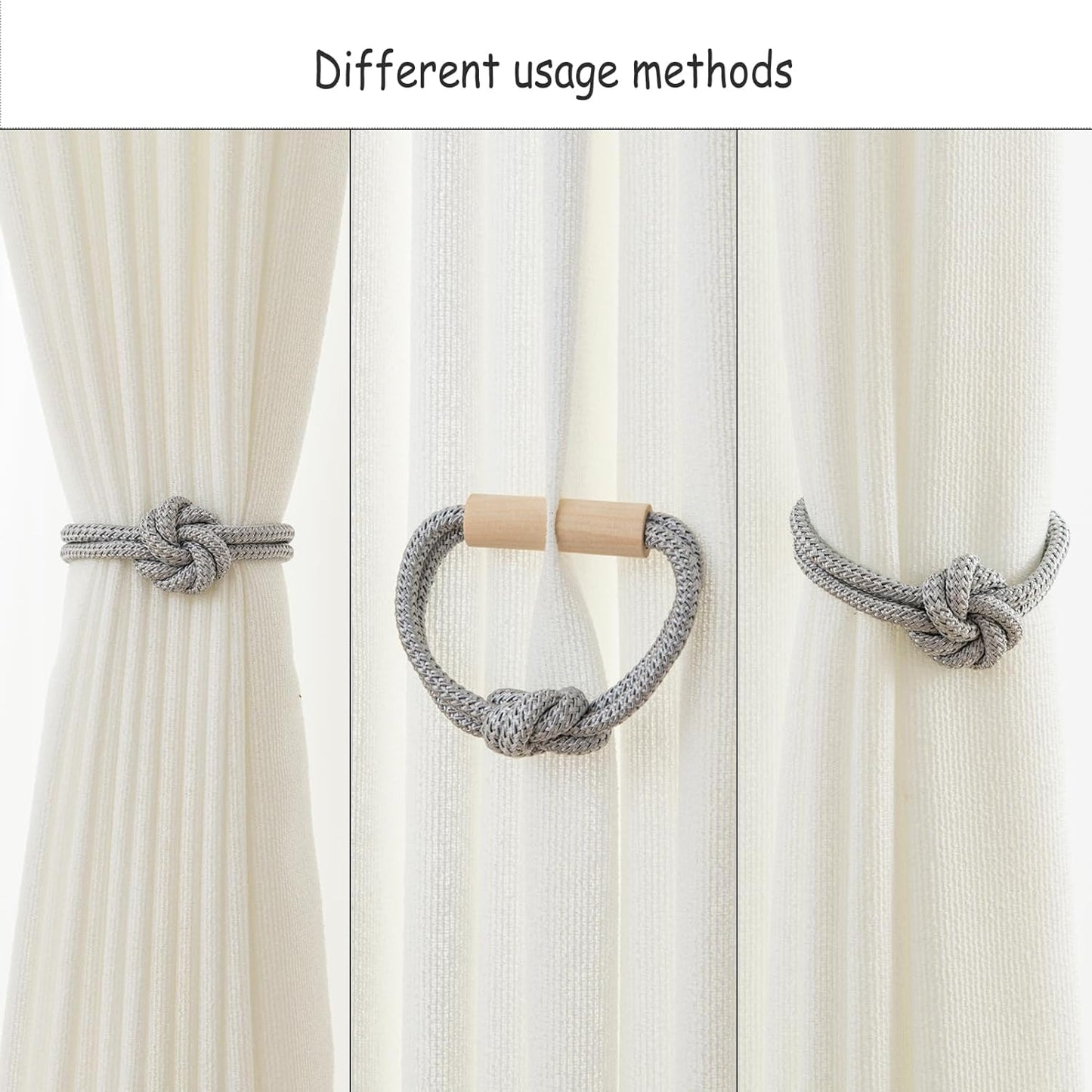 Wood Tie Backs Rope Holder / Silver / Set of 4