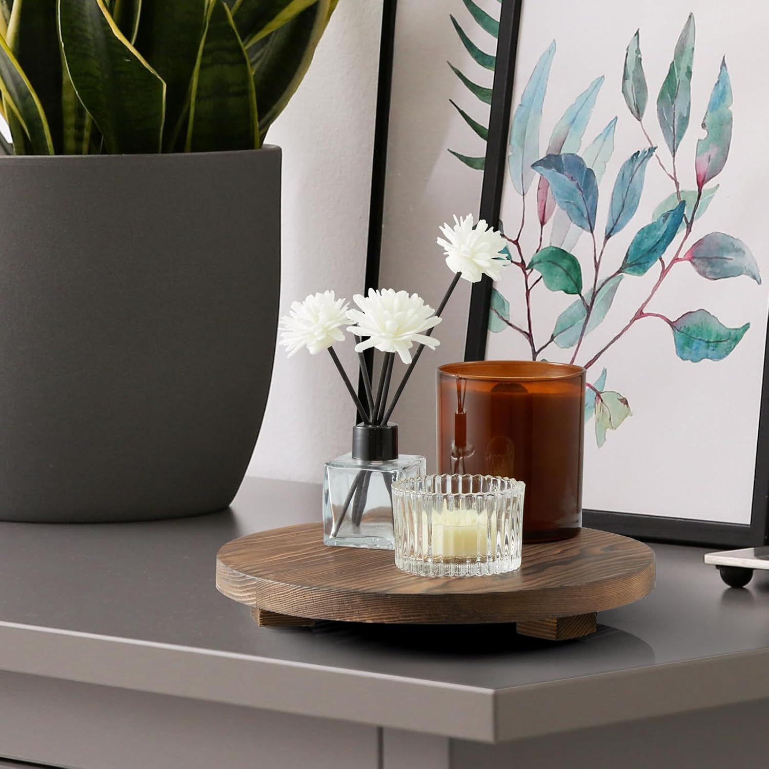 Small Round Decorative Tray Burnt Wood Bathroom Counter Organizer Pedestal Stand / Brown / Set of 9