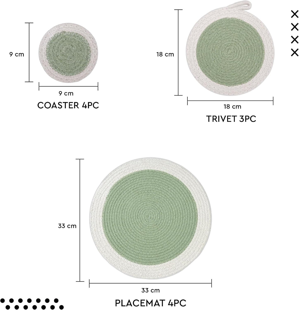 Encasa XO Cotton Placemats, Coasters & Trivets 13" | Sage, Heat Resistant | Protective Table Pad | Handcrafted Ribbed