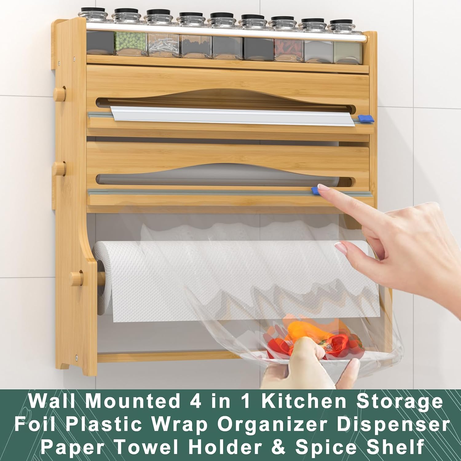 Foil Plastic Wrap Organizer Dispenser - Wall Mounted Bamboo Kitchen Paper Towel Holder with Spice Shelf,4 in 1 12" Roll