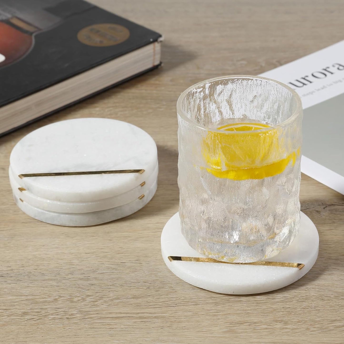 4" Stone Coaster for Drinks Coffee / White&gold / Set of 4