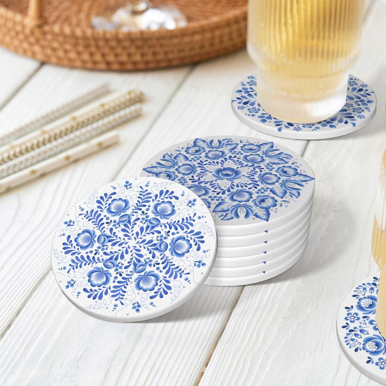 Blue and White Flower Style Ceramic Drink Coaster / Blue and White Flower-6