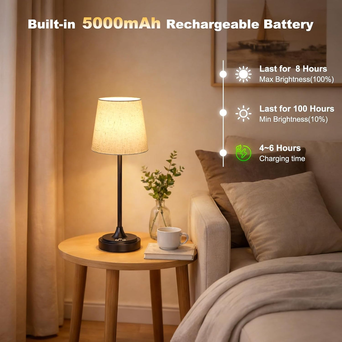 Wowag Cordless Table Lamp Rechargeable,5000mAh Battery Operated Desk Lamp,3 Colors & 7 RGB Stepless Dimmable,Touch
