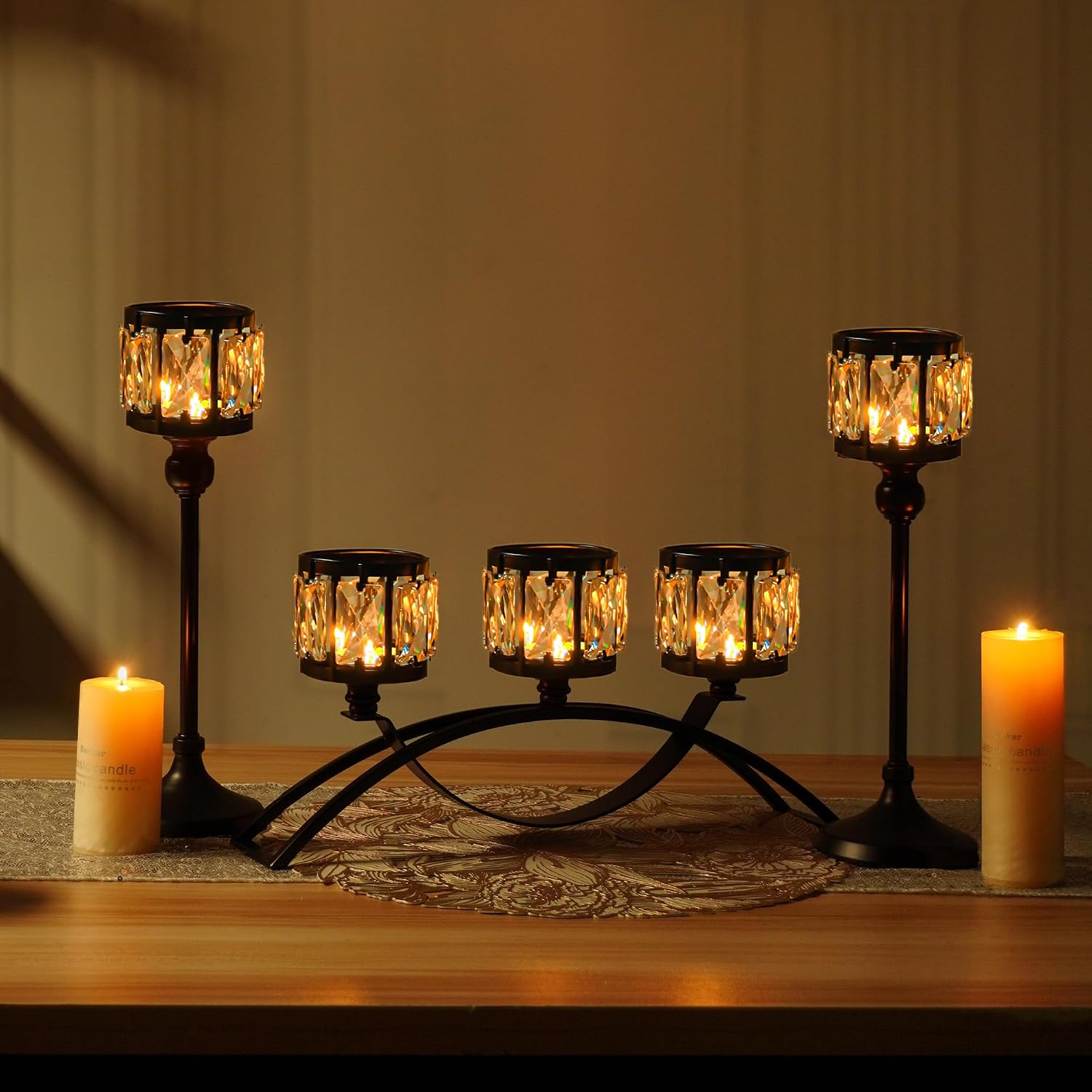 Black Set of 3 Crystal Candle Holders Arched - Elegant Tabletop Candelabra Centerpiece for Weddings, Dining Room Decor
