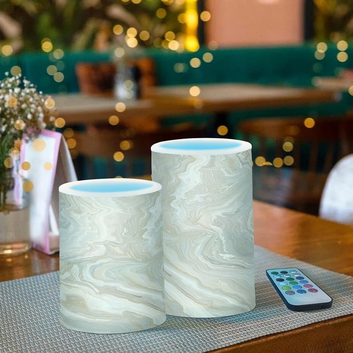 Flickering Flameless Candles, Gold Tile Marble LED Candles with Remote Timer, Set of 2 Battery Operated Candle for