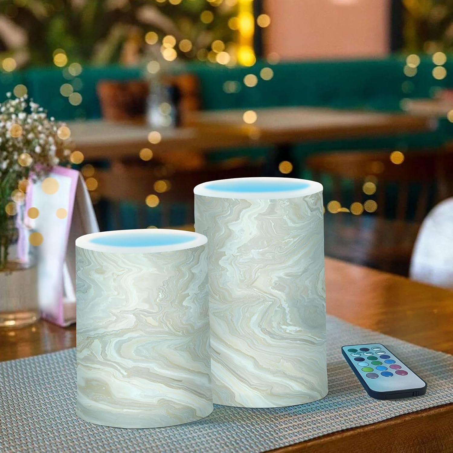 Flickering Flameless Candles, Gold Tile Marble LED Candles with Remote Timer, Set of 2 Battery Operated Candle for