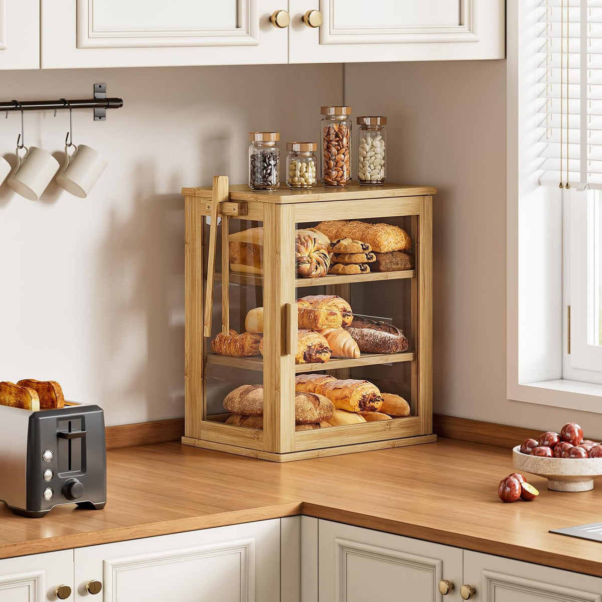 WOWLIVE Bread Box for Kitchen Countertop, 3 Layers Bread Storage Container | Large Bamboo Bread Bin for Homemade Bread