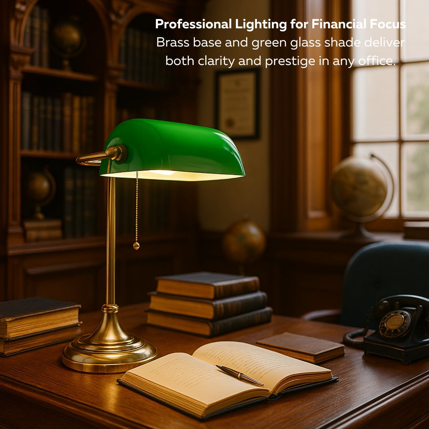 LIGHTACCENTS Traditional Banker’s Desk Lamp with Green Glass Shade and Brass Base – Classic Desk Lamp with Pull Chain